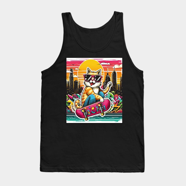 Cat wearing sunglasses and riding a skateboard Tank Top by SARKAR3.0